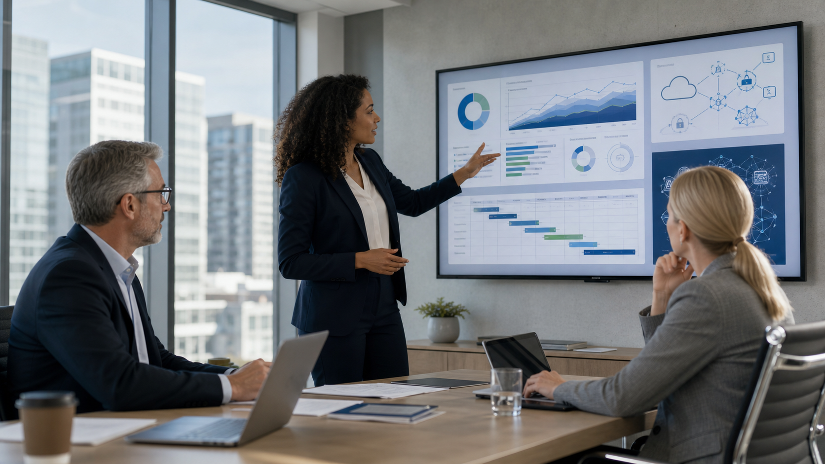 Business executives and an IT advisor reviewing a technology investment budget and strategic roadmap for 2027