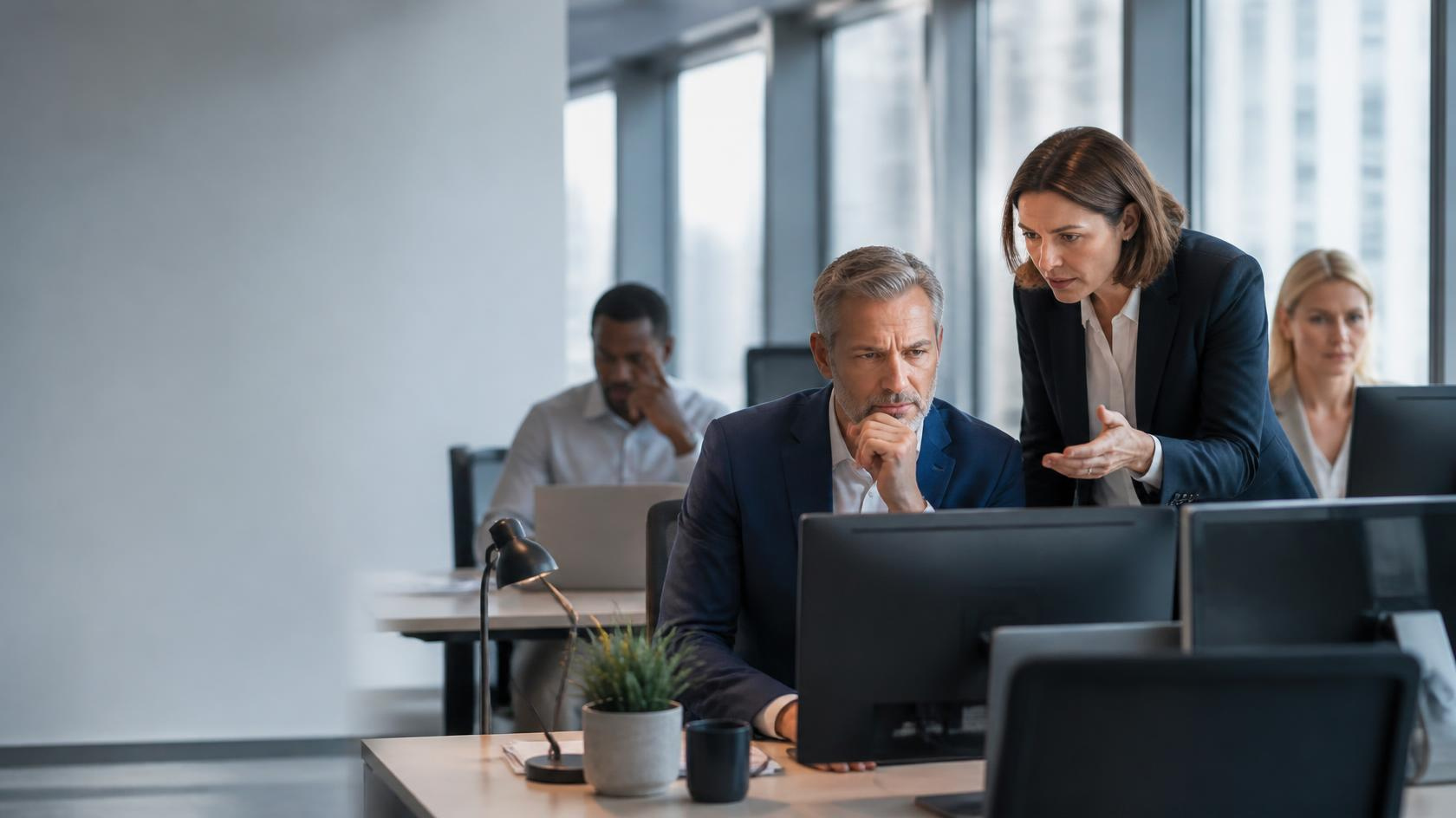 Business professionals evaluating technology downtime and its impact on employee productivity and business operations.