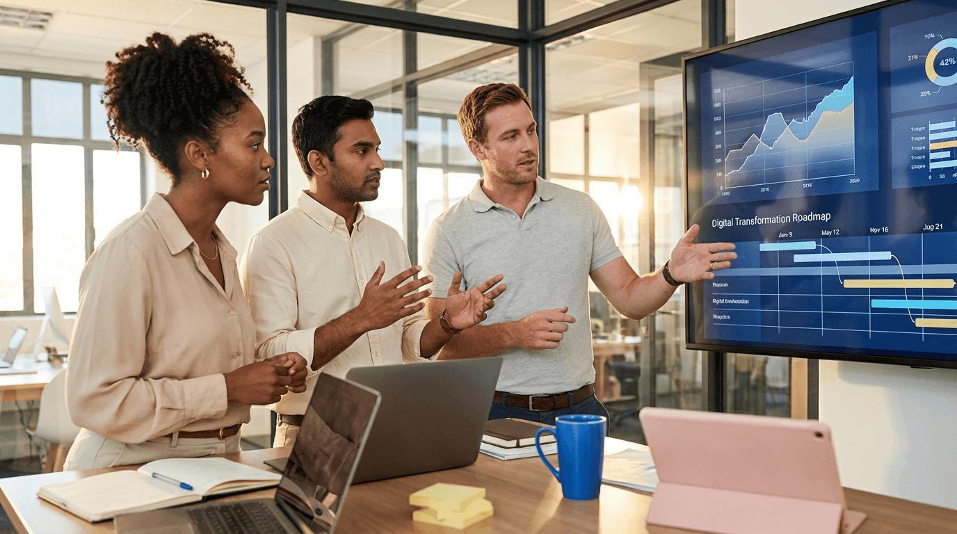Business leaders reviewing a technology modernization roadmap with an IT advisor